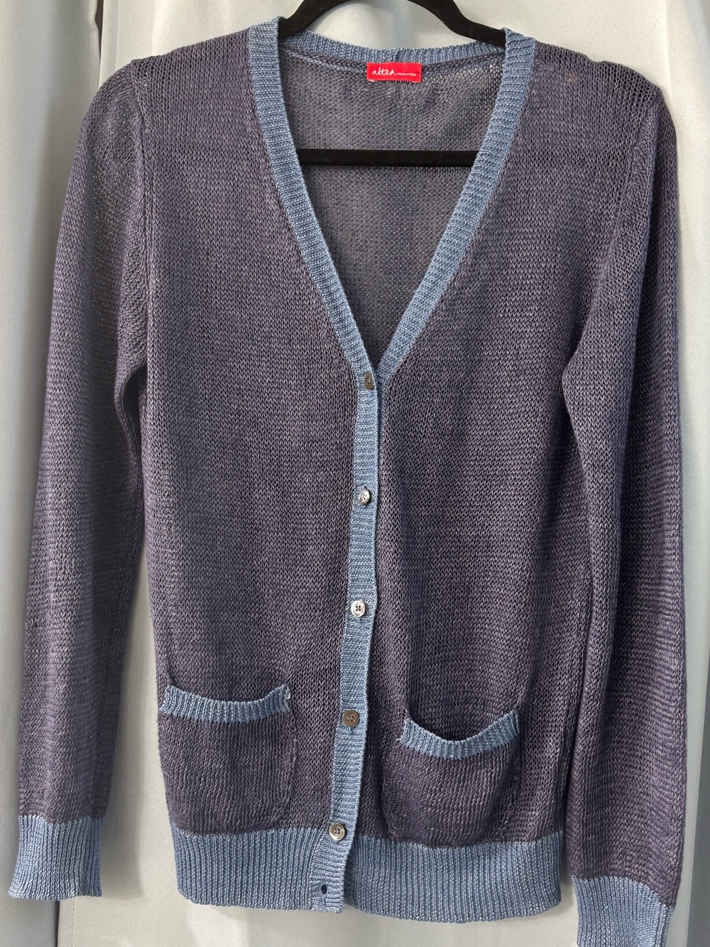 Altea made in Italy 100% linen lightweight Two-Tone Blue V-Neck Cardigan
